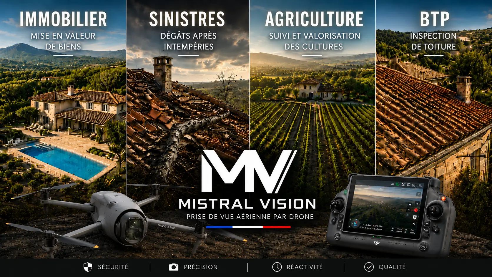 Mistral Vision : inspection BTP, documentation de sinistres, suivi agricole et valorisation immobilière par drone en Gard et Vaucluse