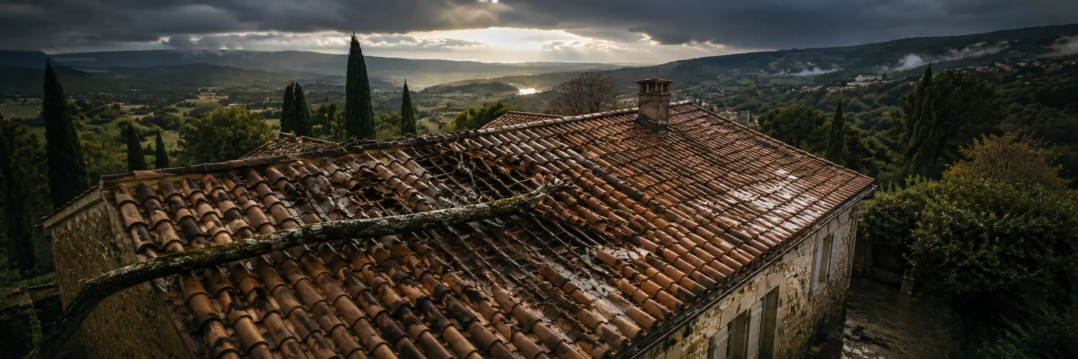 Dégâts de tempête sur toiture provençale vus par drone, documentation de sinistre